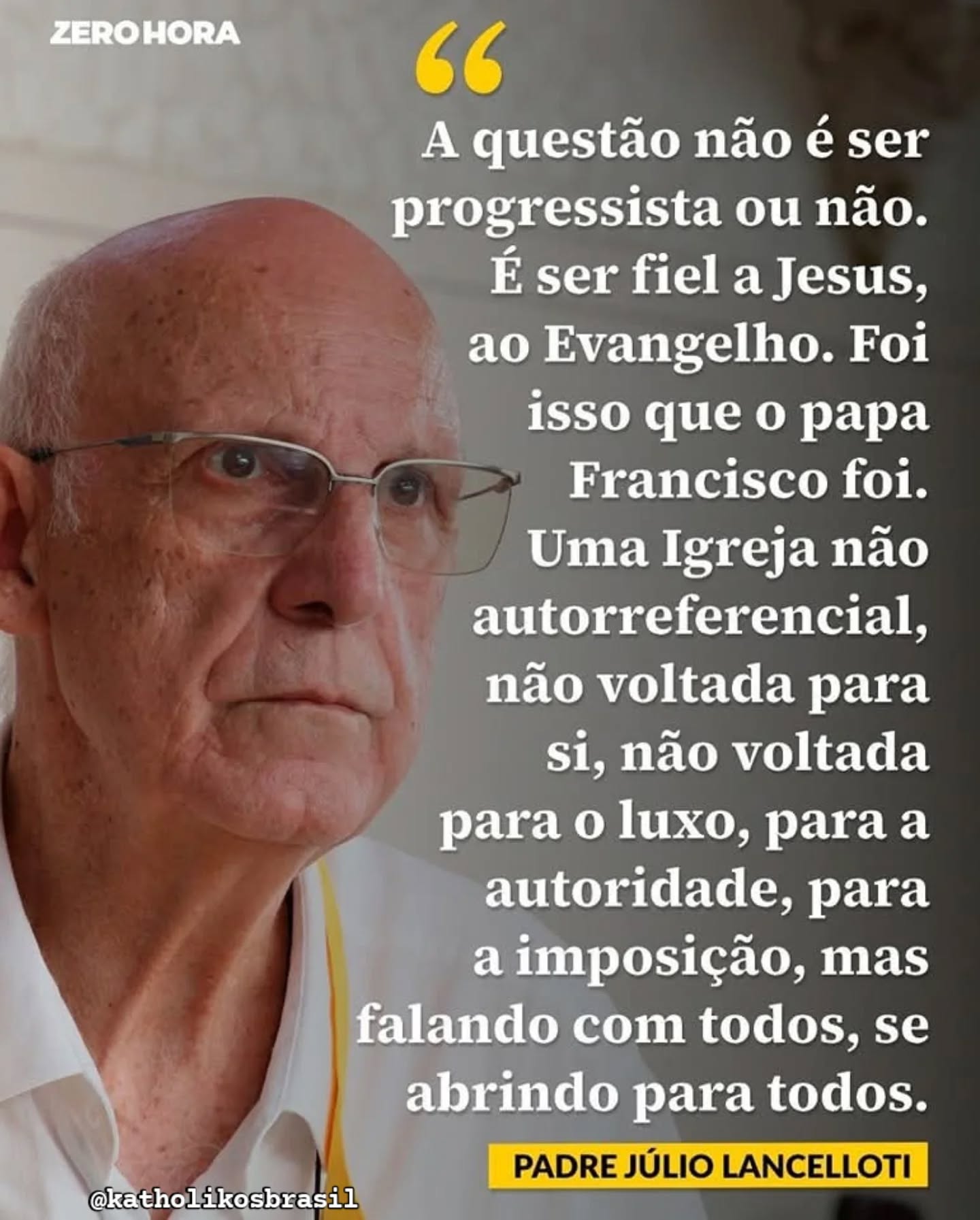 "A questão não é ser progressista ou não. É ser fiel a Jesus, ao Evangelho. Foi isso que o papa Francisco foi. Uma Igreja não autorreferencial, não voltada para si, não voltada para o luxo, para a autoridade, para a imposição, mas falando com todos, se abrindo para todos."

Padre Julio Lancellotti 

Fonte:

<https://www.instagram.com/p/DJOrFXZBKH7>. Acesso em: 04 mai. 2025.

⚠️➡️Nos siga no Instagram: @katholikosbrasil

⚠️➡️Curta nossa página no Facebook: @katholikosbrasil

#Katholikos #PadreJulioLancellotti #Igreja #IgrejaCatólica #Jesus Cristo JesusCristo